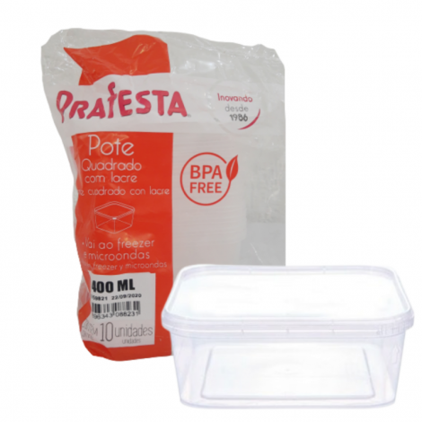 PRAFESTA - POTE 0400ML QUADRADO PP C/TAMPA LACRE (8823) - CX.10X10UN